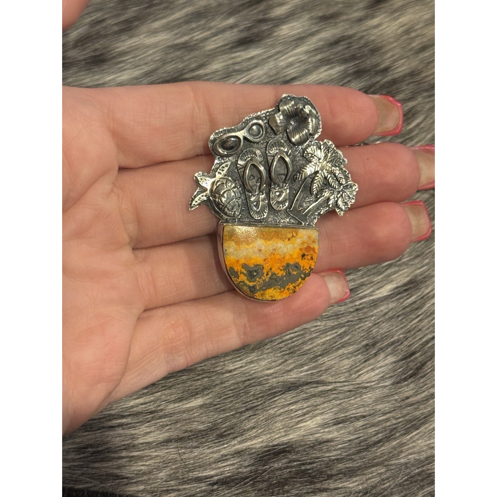 925 Southwest Sterling Silver Bumblebee Jasper Pendant Vacation Beach Sandals 125$